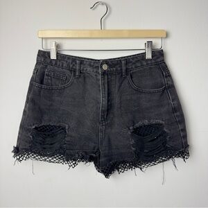 Fashion Nova Distressed Denim Shorts Fishnet Detail Black High Rise Size S